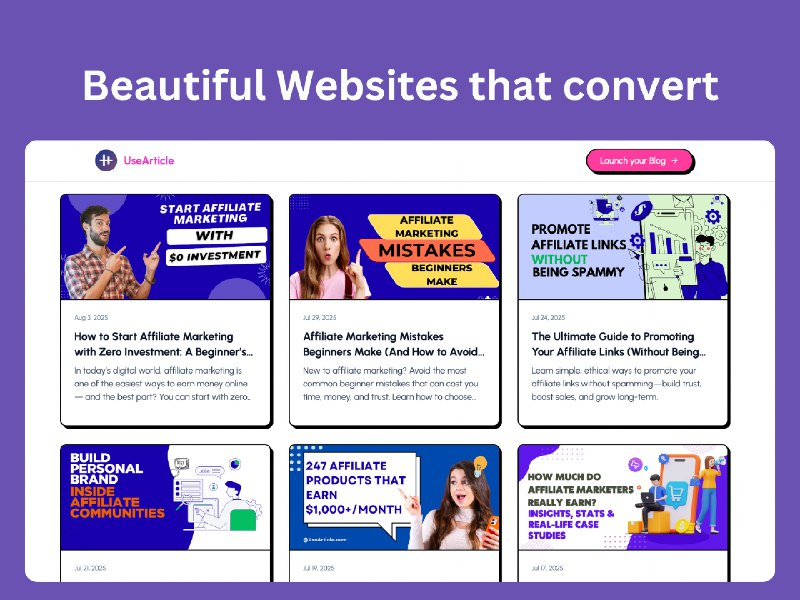 4. UseArticle标语：把任何产品链接变成能赚钱的联盟营销网站解析：“Turn... into...”是“把……变成……”的常见表达；“product url”直译为“产品网址”，结合语境意译为“产品链接”更自然；“profitable”表示“有盈利性的，能赚钱的”；“affiliate website”指“联盟营销网站”，这是一种通过推广其他公司产品并获取佣金的网站模式