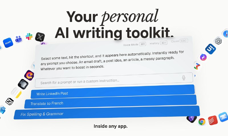 4. TypeBoost标语：你的个人 AI 写作工具包，可在任何应用程序中使用