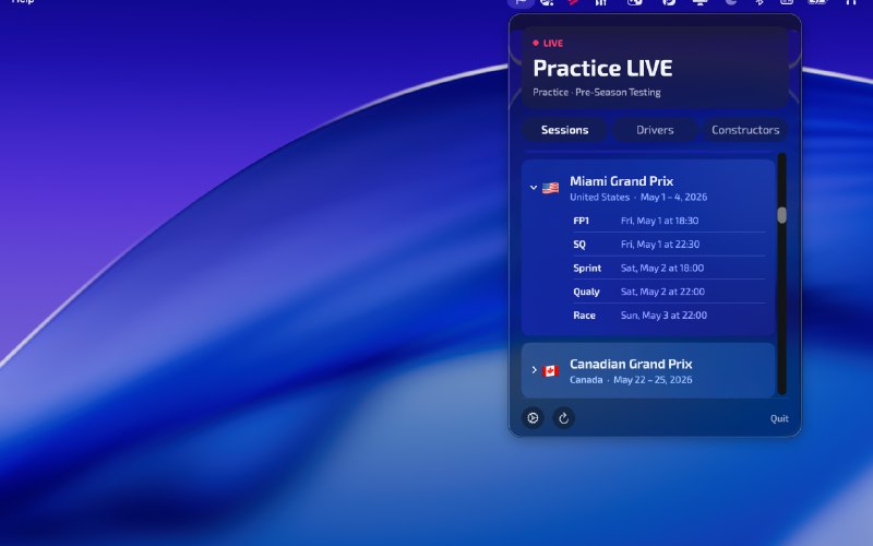 10. Pitwall F1标语：在你的Mac菜单栏实时查看F1赛事计时和排名情况介绍：“维修区墙”（PitWall）是一款原生的 macOS 应用程序，它能将一级方程式赛车（Formula 1）的实时数据直接呈现在你的菜单栏中——无需打开浏览器标签页，没有干扰，只需点击一下就能获取即时的赛事数据