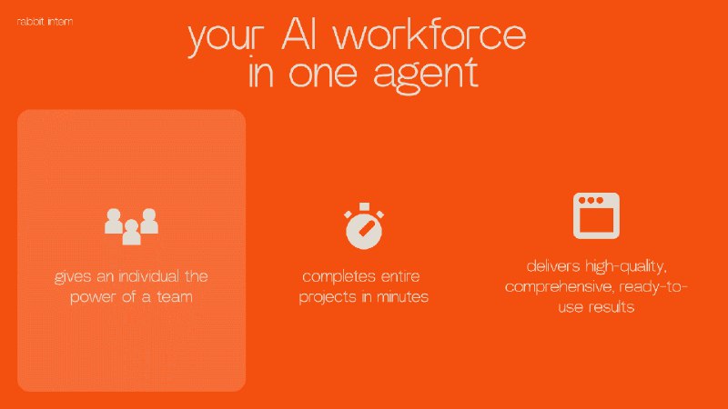8. rabbit intern标语：让你的人工智能劳动力集于一个智能体之中这里“AI workforce”指的是人工智能劳动力，“in one agent”表示集中在一个智能体里，整体传达的意思是把原本分散的人工智能劳动力整合到一个智能体上
