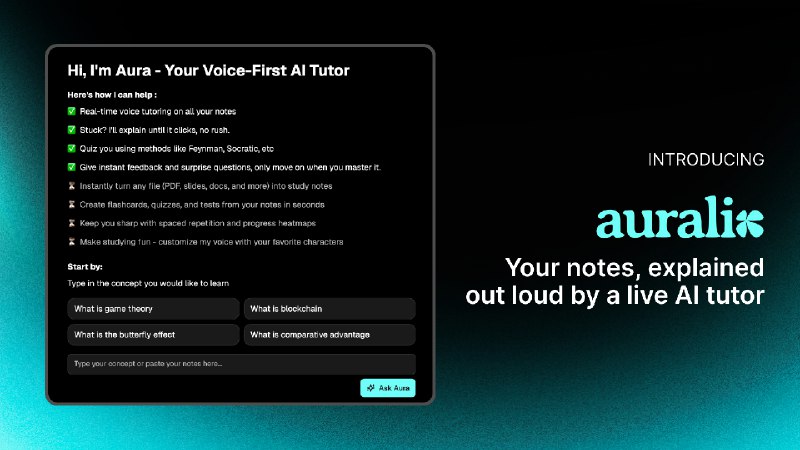 5. Auralix标语：你的笔记，由一位在线人工智能导师大声讲解介绍：来认识一下奥瑞利克斯（Auralix）——你的人工智能学习伙伴，它能实时通过语音为你授课并进行测验