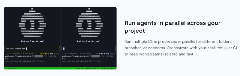2. Cline CLI 2.0标语：在你的终端中实现并行代理以及无头持续集成/持续部署解释：“Parallel agents”直译为“并行代理”；“headless”在 IT 领域里常用来表示“无头的”，“CI/CD”是“Continuous Integration/Continuous Deployment”（持续集成/持续部署）的缩写，这是软件开发领域常用的概念