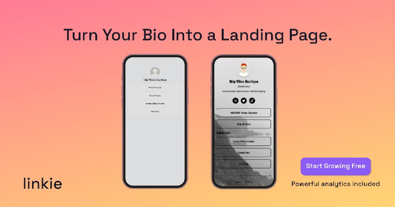 8. Linkie标语：你的个人简介链接平台解释：“link-in-bio”通常指的是社交媒体个人简介里放置的链接，这个链接可以指向多个不同的页面或内容，所以“link-in-bio platform”就是用于管理和展示这种链接的平台，直译为“个人简介链接平台”，符合日常对话和科普类表述风格