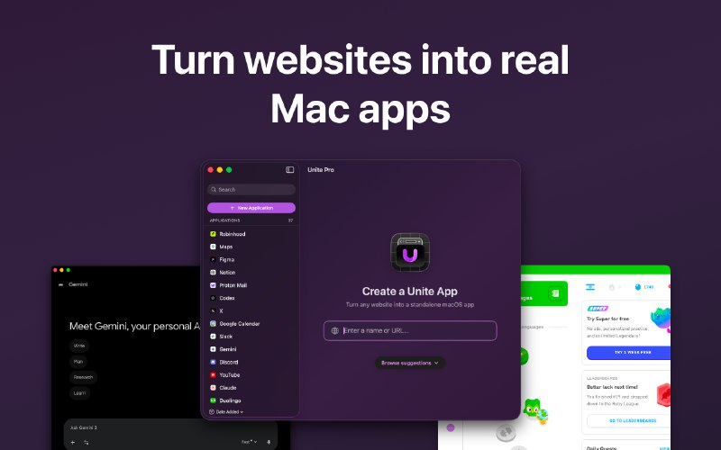 7. Unite Pro for macOS标语：把网站变成 Mac 应用程序介绍：Unite Pro能把你最重要的网站转化为运行快速、体验原生的Mac应用程序