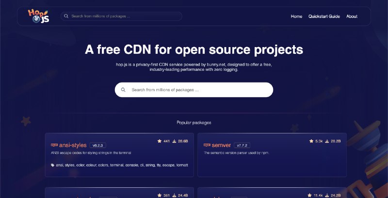 9. hop.js标语：专为开源项目打造的快速、免费且以隐私保护为先的内容分发网络解释：“CDN”是“Content Delivery Network”的缩写，常见释义为“内容分发网络” 