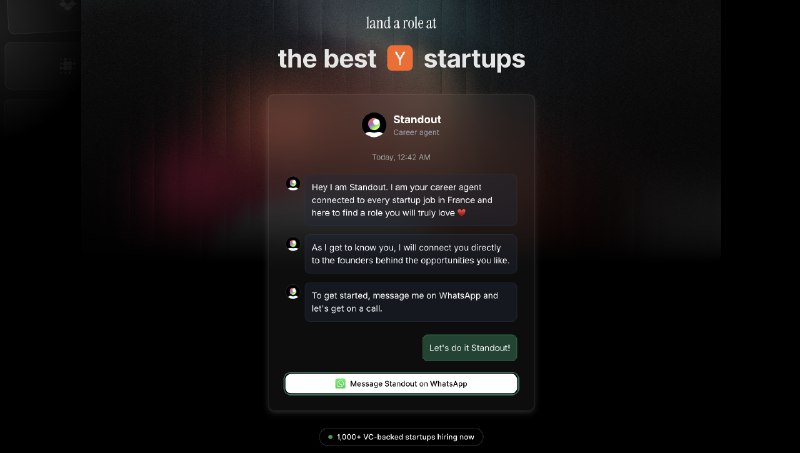 6. Standout标语：你在WhatsApp上的个人人工智能猎头，帮你找到初创公司的工作