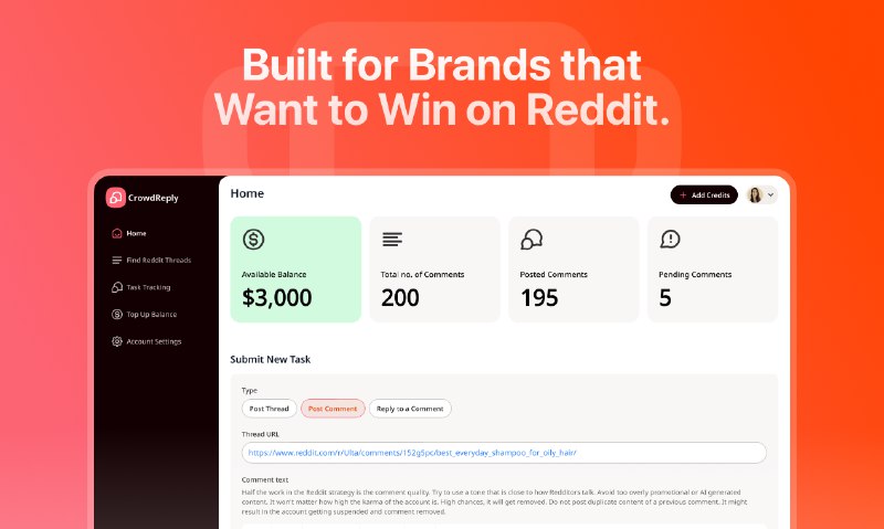 8. CrowdReply标语：无需管理账号或使用代理的Reddit营销注：Reddit是一个美国社交新闻网站，这里直接保留英文名称未做翻译，因为它在互联网领域比较知名，很多人都知道