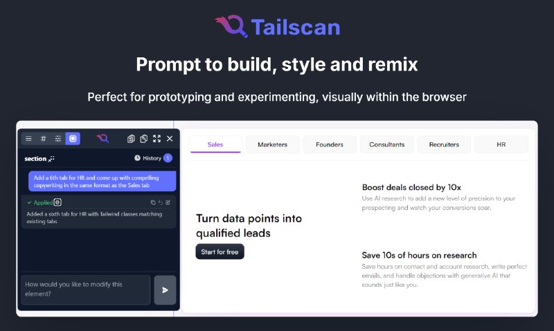9. Tailscan AI for Tailwind CSS标语：由人工智能驱动的Tailwind CSS风格与布局编辑器介绍：Tailscan 是一款专为 Tailwind CSS 打造的全能开发者工具