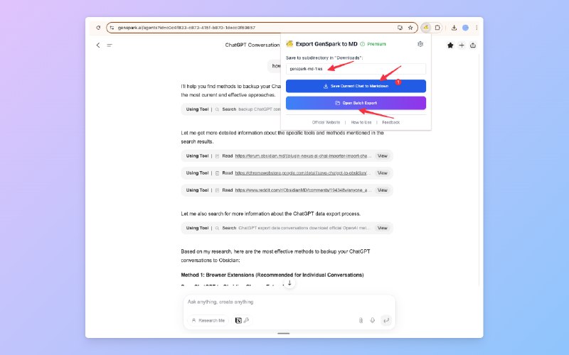 5. GensparkAI to Obsidian标语：批量导出并下载Genspark对话内容为Markdown格式文件介绍：只需一键，就能轻松将你所有的 Genspark 对话批量导出、下载并同步到 Markdown 文件中！这对 Obsidian、Notion、Logseq 等知识管理工具来说再合适不过啦