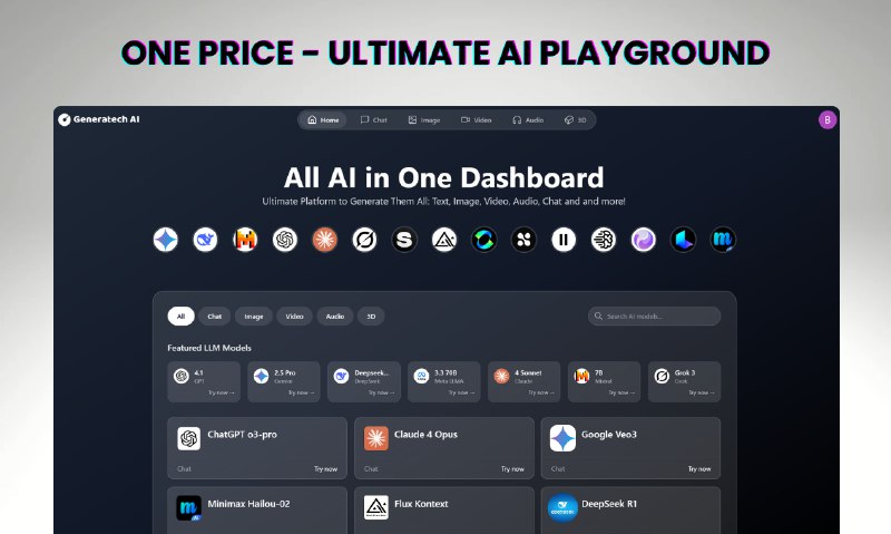 7. Generatech AI 标语：一个仪表盘，掌控所有人工智能模型解析：“All AI Models in One Dashboard”直译为“所有人工智能模型在一个仪表盘里”，为了更符合科普杂志或日常对话的风格，调整表述为“一个仪表盘，掌控所有人工智能模型”，突出了通过一个仪表盘就能对众多模型进行管理和查看的便捷性