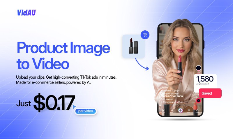 2. VidAU - AI Video标语：把产品图片变成让人忍不住停下滑动的视频广告介绍：借助VidAU的人工智能技术，只需几分钟，就能把产品照片转化为高转化率的视频