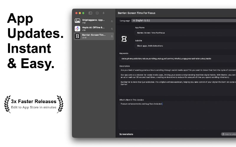 3. Ship Happens标语：创建、翻译并上传应用程序的截图和元数据介绍：“Ship Happens”能帮独立开发者更快速地发布应用，它免去了应用商店更新过程中那些繁琐的环节