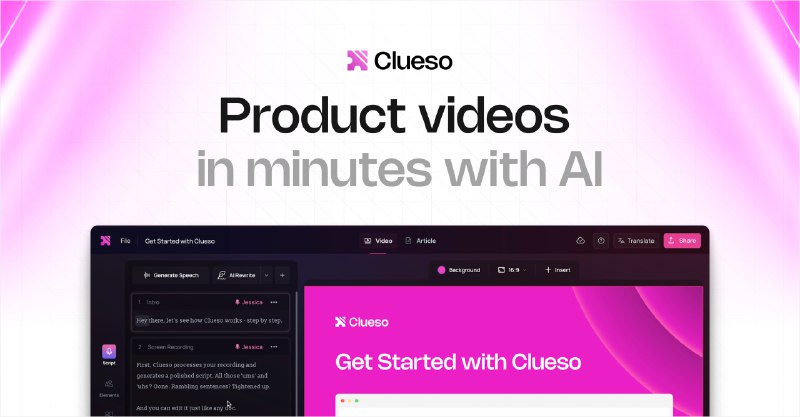 PH今日热榜 | 2025-07-091. Clueso标语：借助人工智能，只需几分钟就能创作出令人惊艳的产品视频