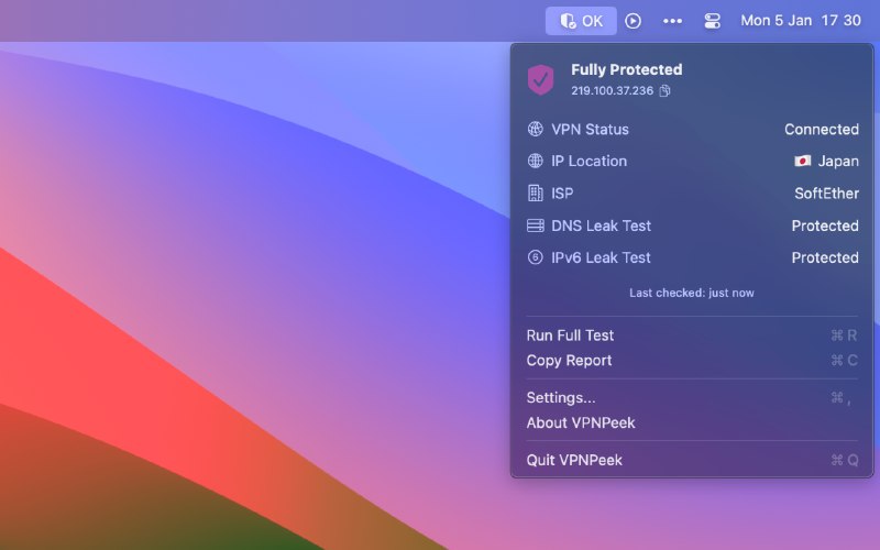 7. VPN Peek标语：从菜单栏检查一下你的虚拟专用网络（VPN）是否真的在正常运行