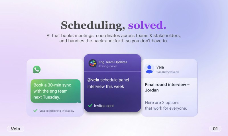 7. Vela标语：能像优秀行政助理一样高效运作的人工智能日程安排系统介绍：维拉（Vela）是一款人工智能日程安排助手，它就像一位出色的行政助理那样工作——能跨电子邮件、短信、WhatsApp和电话等多种渠道，处理各种规模的日程安排