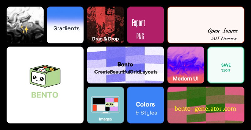 7. Bento Grid Generator标语：在线创建精美的便当布局介绍：这是一款强大且免费的在线工具，能帮你打造出超惊艳的便当式（类似苹果风格）网格布局