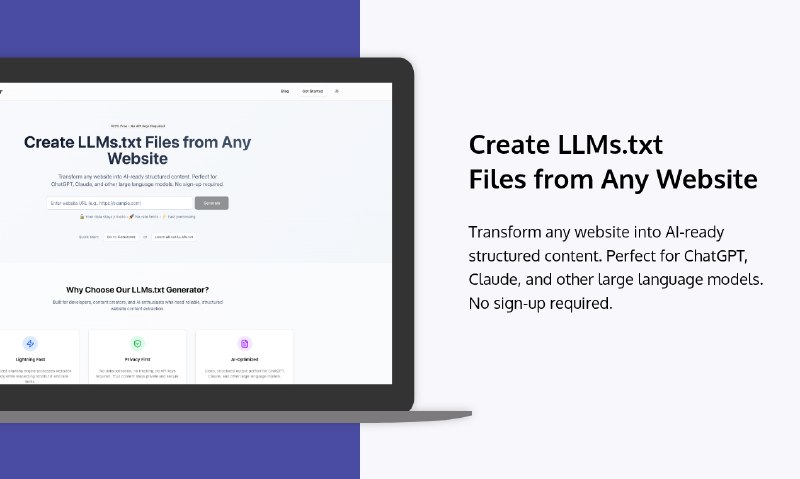8. LLMs.txt Generator标语：几秒钟内将网站内容转换为大语言模型（LLMs）文本格式介绍：免费创建LLMs.txt文件