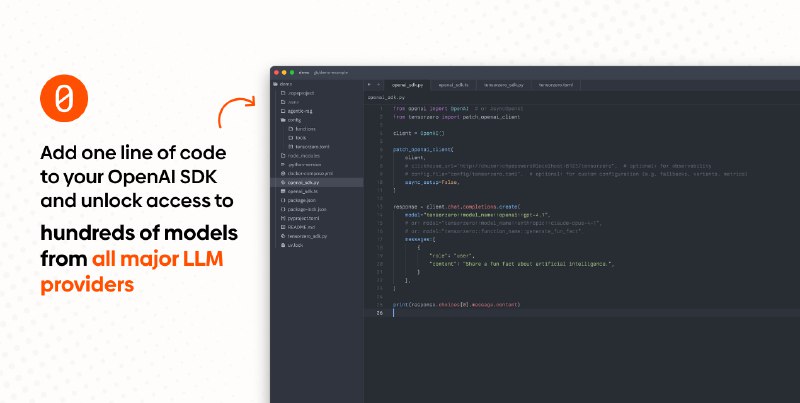 4. TensorZero标语：适用于工业级大语言模型应用的开源软件栈介绍：构建工业级大语言模型（LLM）应用：一个应用程序编程接口（API）就能对接所有大语言模型，还具备可观测性、优化功能（如提示词、模型等）、评估以及 A/B 测试功能 —— 而且全部开源