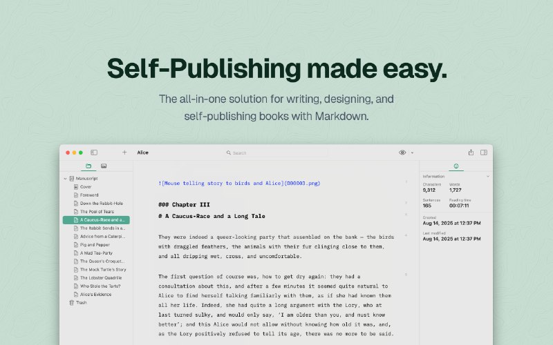 10. Pinery标语：用于编写书籍的 Markdown 编辑器介绍：这是一款用Markdown进行写作、设计和自助出版书籍的一体化解决方案