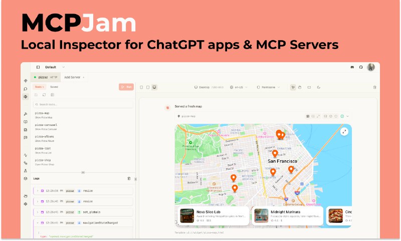 10. MCPJam Inspector标语：在本地测试并开发ChatGPT应用程序和MCP应用程序（扩展应用）介绍：MCPJam检查器是用于ChatGPT应用程序和MCP服务器的本地测试工具
