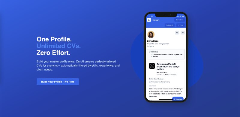 9. SkillScore - AI Talent Matching 标语：为自由职业者和招聘人员提供的人工智能驱动的简历及技能匹配服务介绍：创建符合求职跟踪系统（ATS）要求的简历，分析你的技能，并匹配绝佳的工作机会