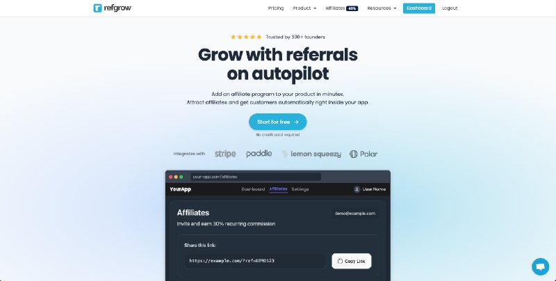8. Refgrow标语：通过自动推荐实现业务增长解析：“Grow”常见含义为“增长”，这里结合语境可理解为业务、用户量等方面的增长；“referrals”指“推荐、引荐”；“on autopilot”原意为“自动导航”，引申为“自动地、无需人工过多干预地”
