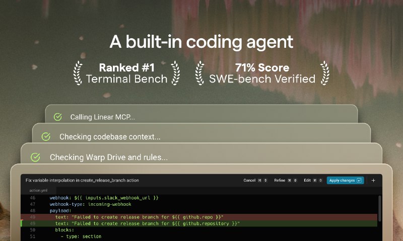 6. Warp 2.0标语：全球首个自主式开发环境介绍：Warp 2.0是Warp终端的升级版，它摇身一变，成了一个专门为多线程编码、部署以及借助智能代理进行调试而打造的操作平台