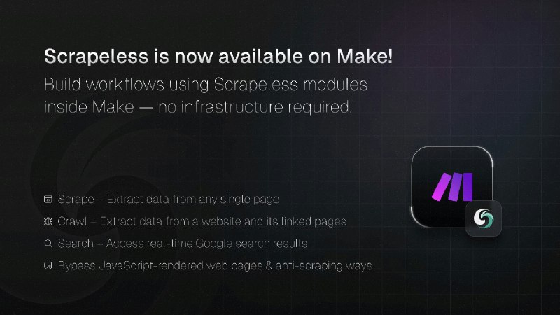 5. Scrapeless–Make.com Integrations标语：由Scrapeless驱动的无代码自动化技术介绍：无代码爱好者们，欢呼吧！现在，你们可以通过可视化操作来解锁网站、抓取数据、执行搜索引擎结果页面（SERP）查询等等