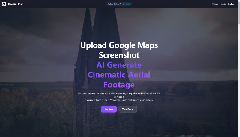 2. DreamFlow标语：使用Veo3可以将地图截图转化为航拍风格的电影级视频