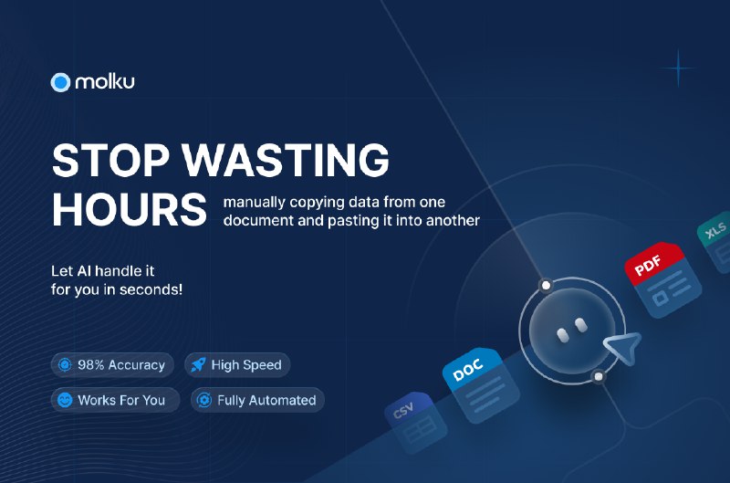 7. Molku AI标语：自动填充PDF文件和谷歌表格介绍：别再手动复制数据啦！Molku 能从任何文档中提取你选定的字段，然后直接填入 PDF 文档或谷歌表格里