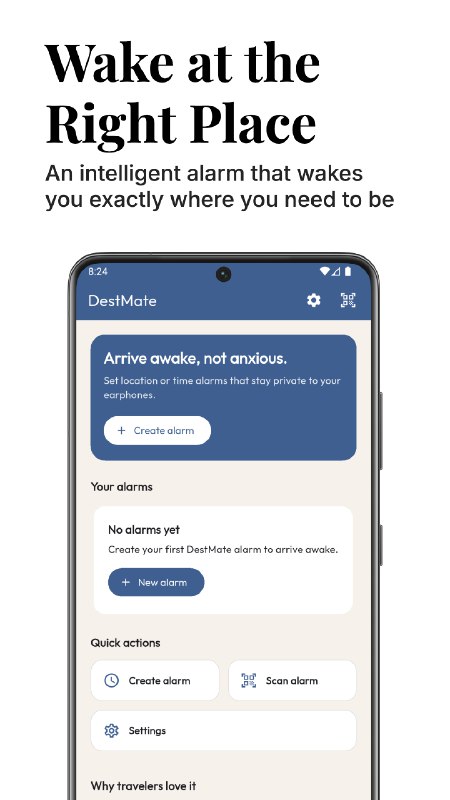 5. DestMate标语：带有定位唤醒功能且仅通过耳机发声的闹钟介绍：无论什么时候需要醒来，你都能准时醒来，哪怕是长途旅行也没问题！🚆 “目的地伙伴”（DestMate）是一款专为通勤族和旅行者打造的智能定位旅行闹钟
