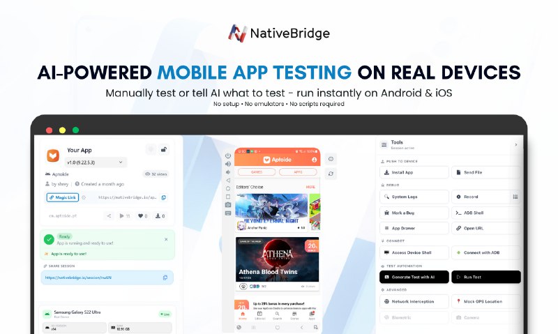 3. NativeBridge标语：借助人工智能在真实设备上实现移动测试自动化介绍：只需一个神奇链接，就能立即访问真实的iOS和安卓设备