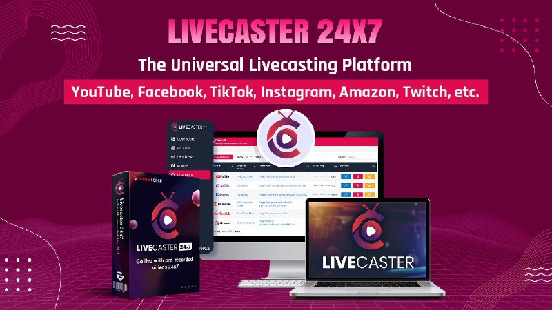 10. Livecaster 24×7标语：在任何平台上用预先录制好的视频进行直播