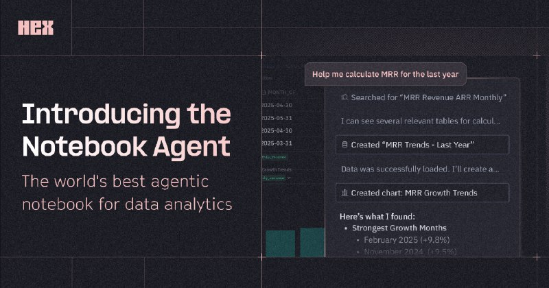 9. Hex Notebook Agent标语：功能强大、自主性高的数据分析笔记本解释：“Powerful”直译为“强大的”；“agentic”有“自主的、能主动行事的”意思，这里结合语境可以理解为这个笔记本在数据分析过程中有一定的自主性和主动性；“notebook”常见释义为“笔记本”，在数据领域常指用于数据分析和交互式编程的工具；“data analytics”就是“数据分析”
