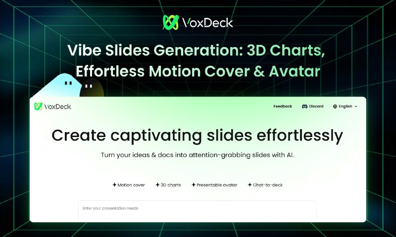9. VoxDeck标语：幻灯片的3D图表、动态封面和虚拟形象生成功能介绍：VoxDeck是一款新一代的人工智能演示文稿制作工具，有了它，你就不用再用千篇一律的幻灯片了