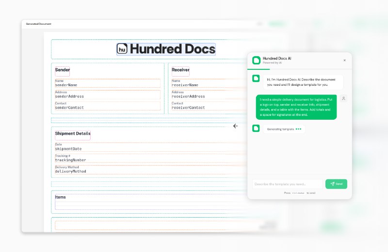 8. Hundred Docs标语：用人工智能设计文档，通过应用程序编程接口（API）填充文档内容