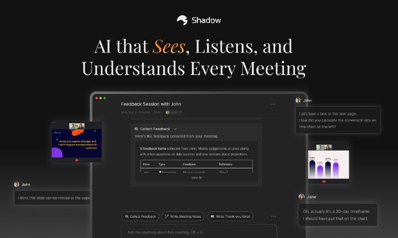 5. Shadow标语：能观察、聆听并理解每场会议的人工智能介绍：你们的会议人工智能了解的情况可太片面啦