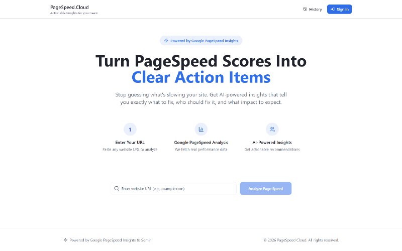 9. PageSpeed.cloud标语：基于人工智能的网页速度洞察分析，为团队提供明确的改进建议！介绍：谷歌网页速度洞察工具（Google PageSpeed Insights）能提供精准的性能数据，但要把这些数据转化为明确的行动方案却往往颇具难度