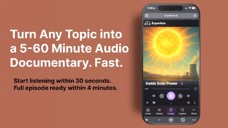 9. Superlore AI标语：只需30秒，就能制作任意主题的长篇音频纪录片