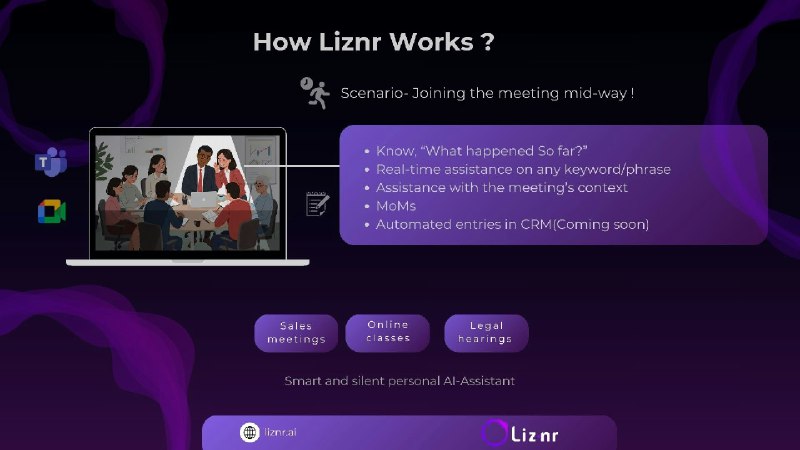 6. Liznr标语：全球首款能在会议中提供实时协助的人工智能秘书介绍：利兹纳（Liznr）是一款人工智能会议助手，它可以加入线上会议，在不泄露数据隐私的前提下，实时梳理会议内容、总结要点，帮助大家更好地理解会议信息